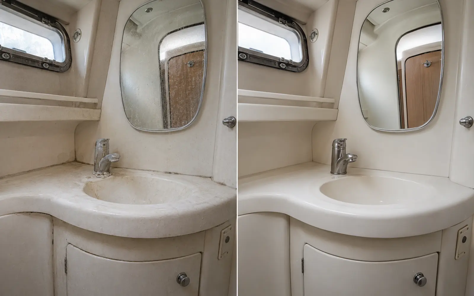 Avant et après le nettoyage d’une salle d’eau de bateau