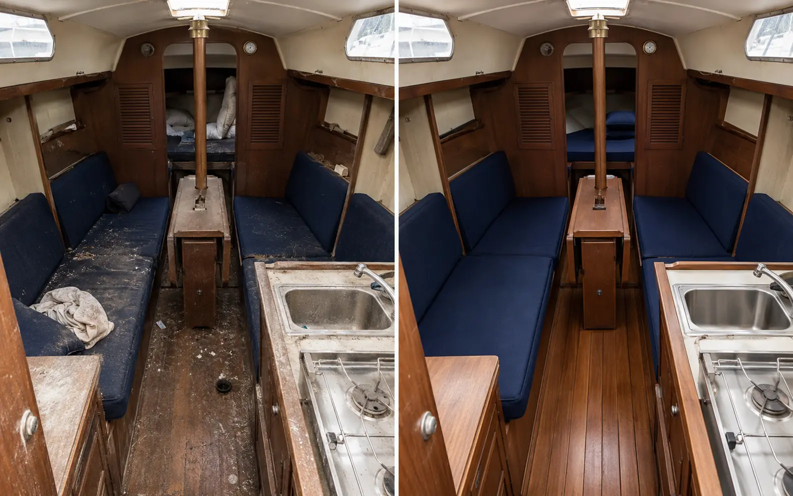 Avant et après le nettoyage de baies vitrées de bateau